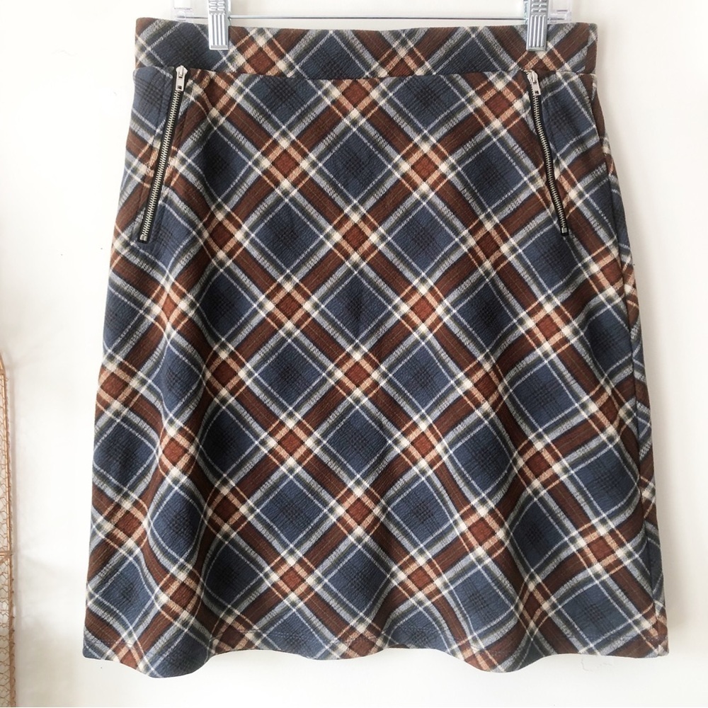 Le Lis Maura A-Line Plaid Skirt Slate Blue/ Brown Pull On Elastic Waist Size L - Picture 2 of 11